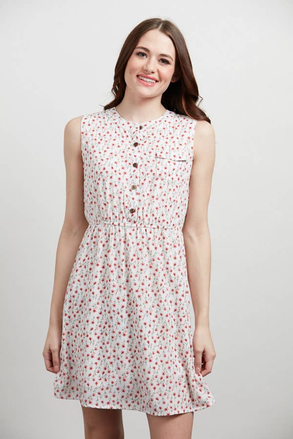 Red Floral Print Button Up Dress