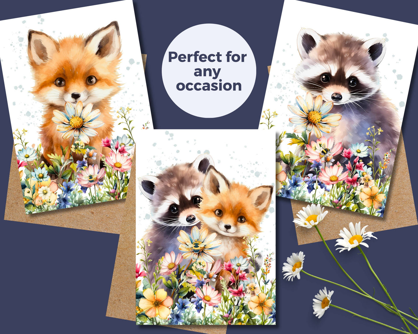Watercolor Greeting Cards - Fox and Raccoon