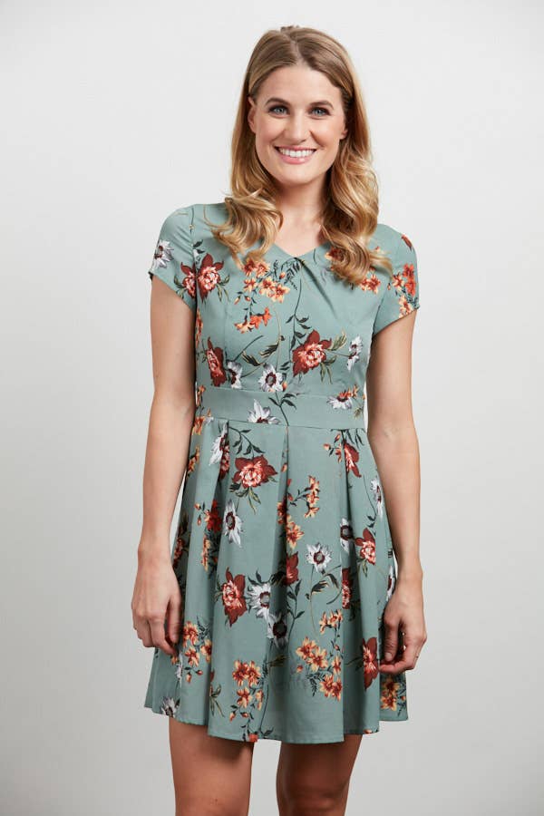 Pleated Floral A Line Dress