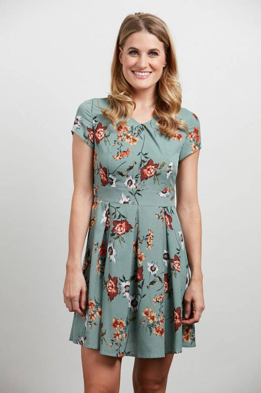 Pleated Floral A Line Dress
