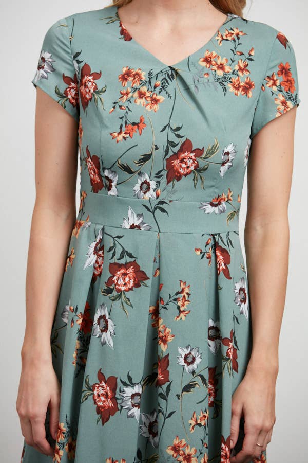 Pleated Floral A Line Dress