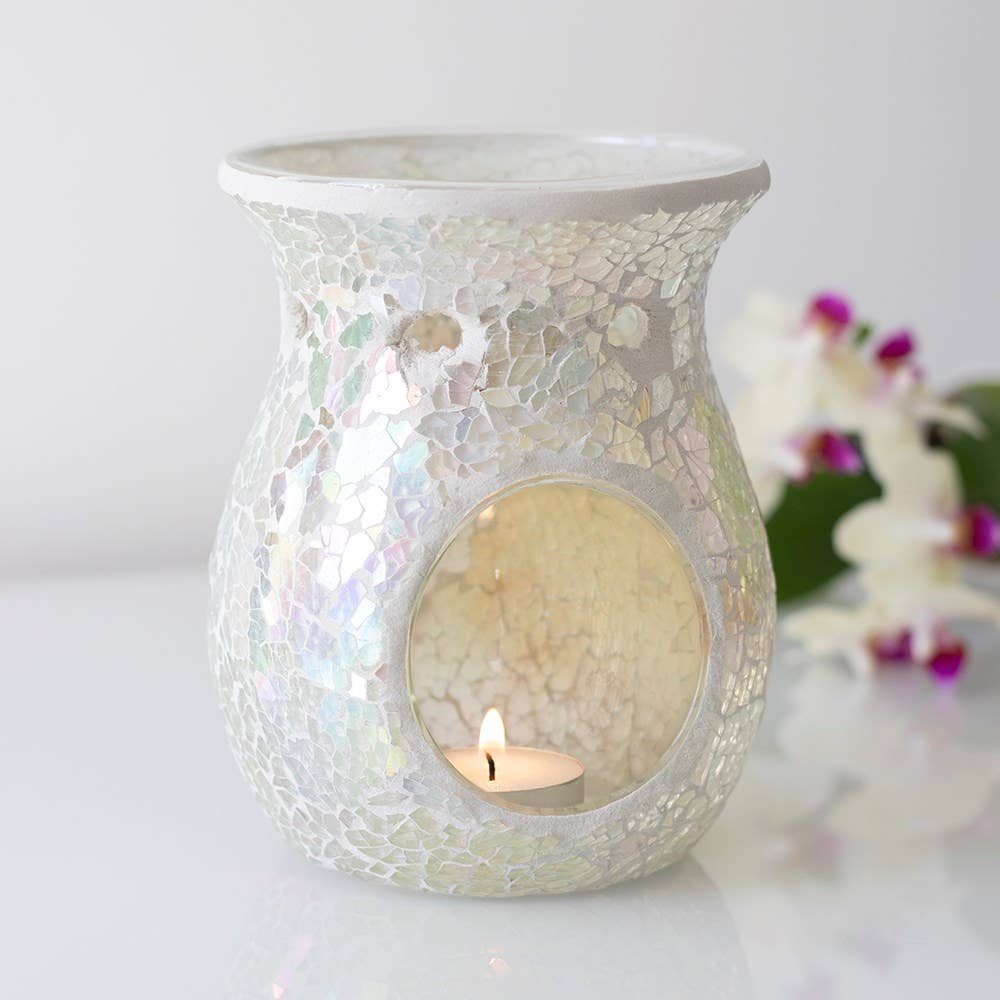 Large White Iridescent Crackle Oil Burner and Wax Warmer