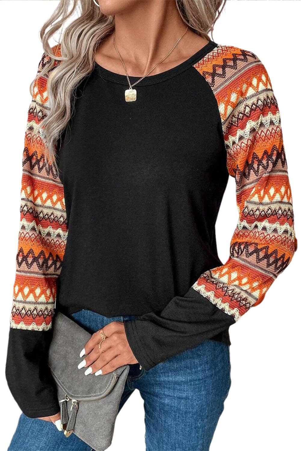 Geo Print Raglan Long Sleeve Tee