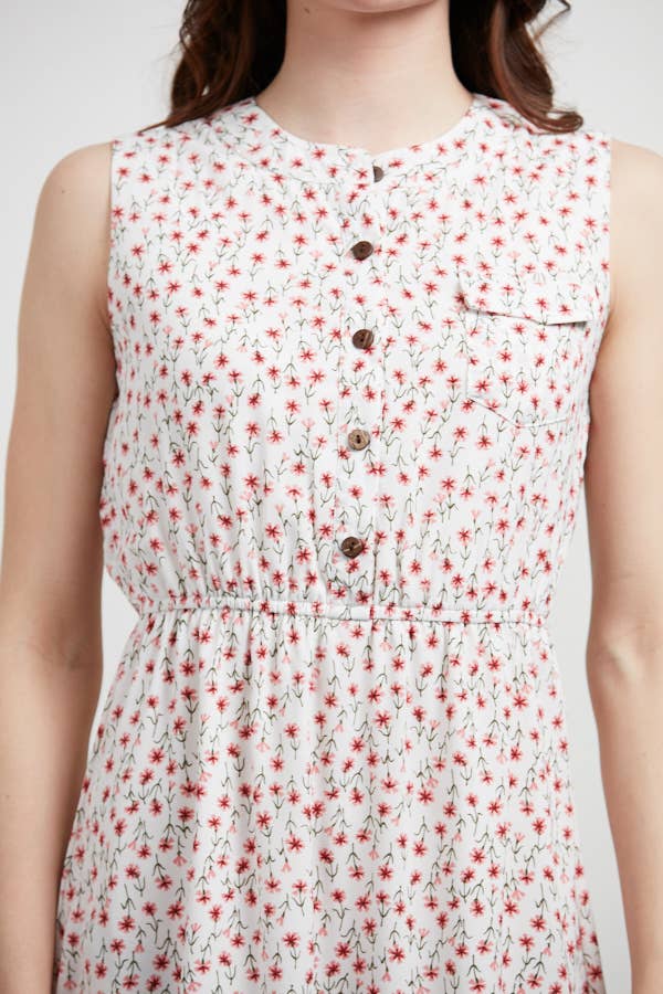 Red Floral Print Button Up Dress