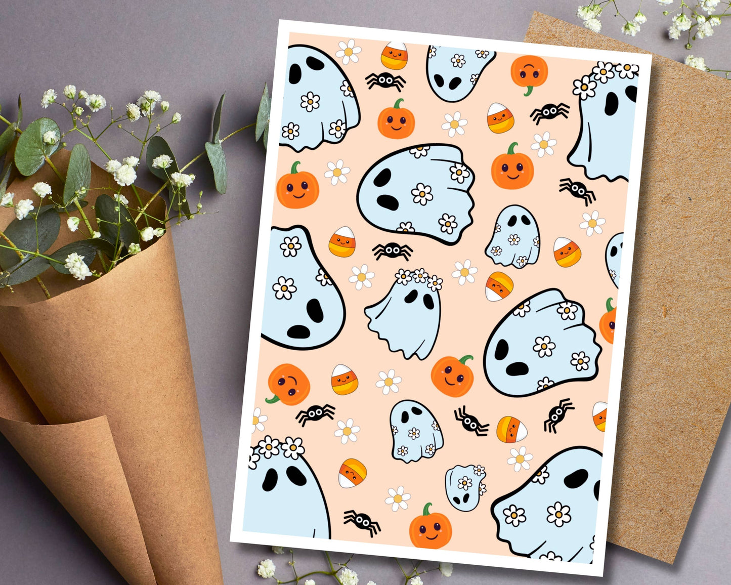 Halloween Greeting Card - Candy Corn and Ghosts