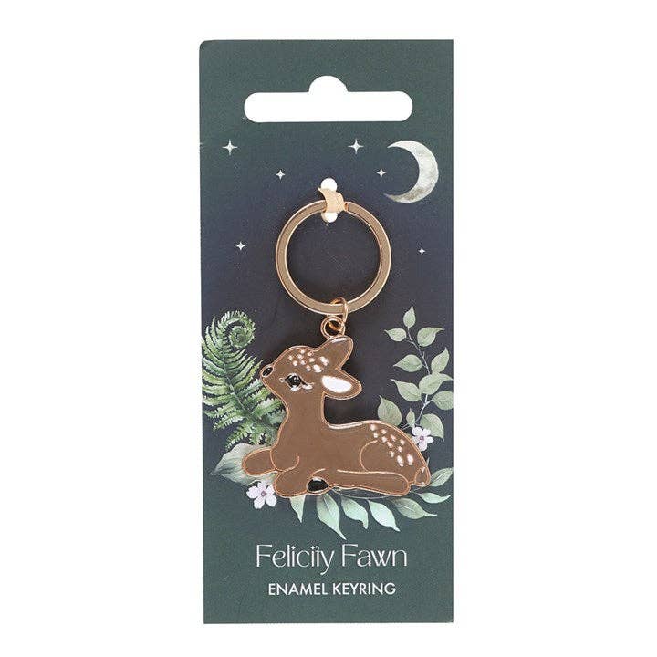 Enamel keychain of a baby deer woodland critter on a backing card that says Felicity Fawn.