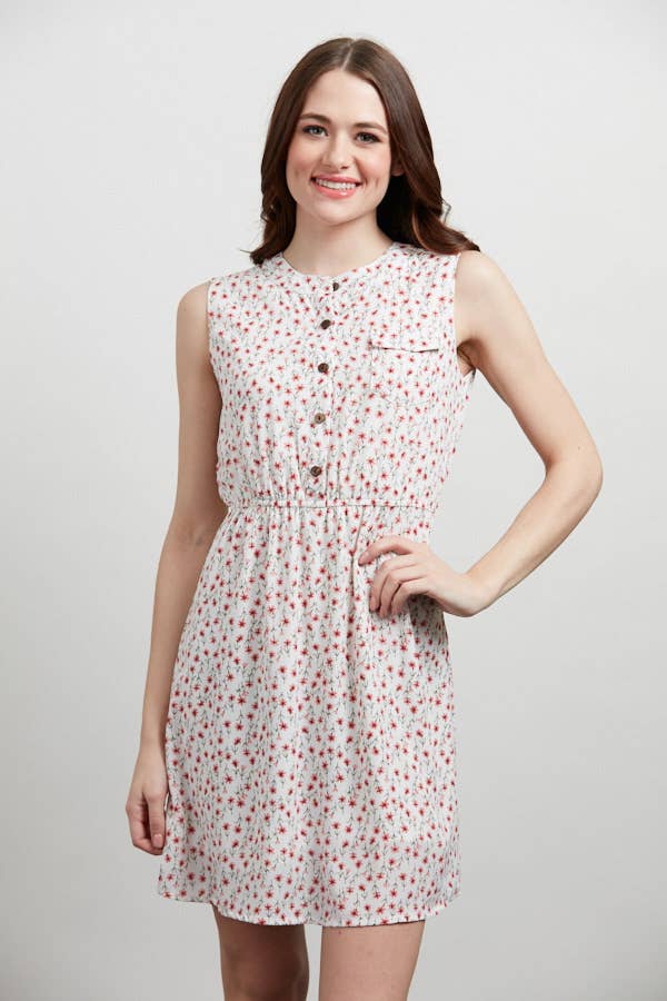 Red Floral Print Button Up Dress