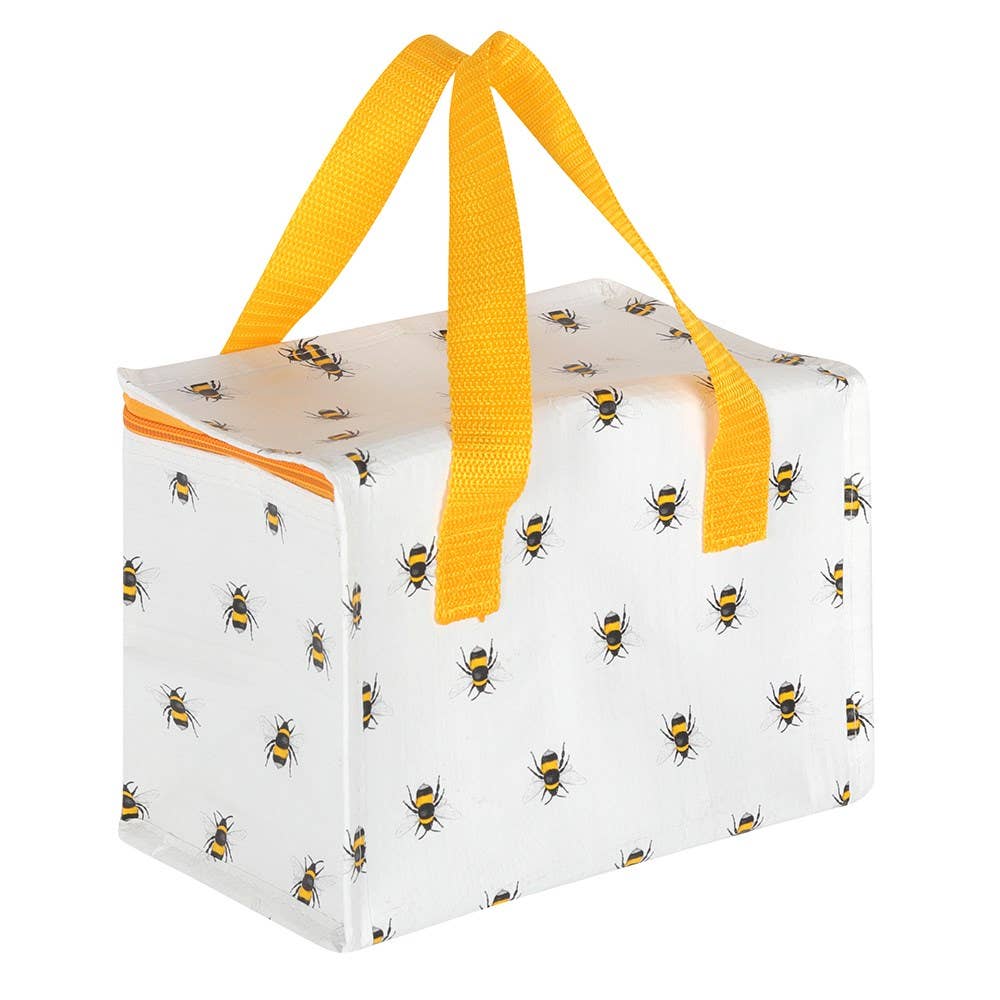 Bee print lunch bag with yellow handles and zipper closure.