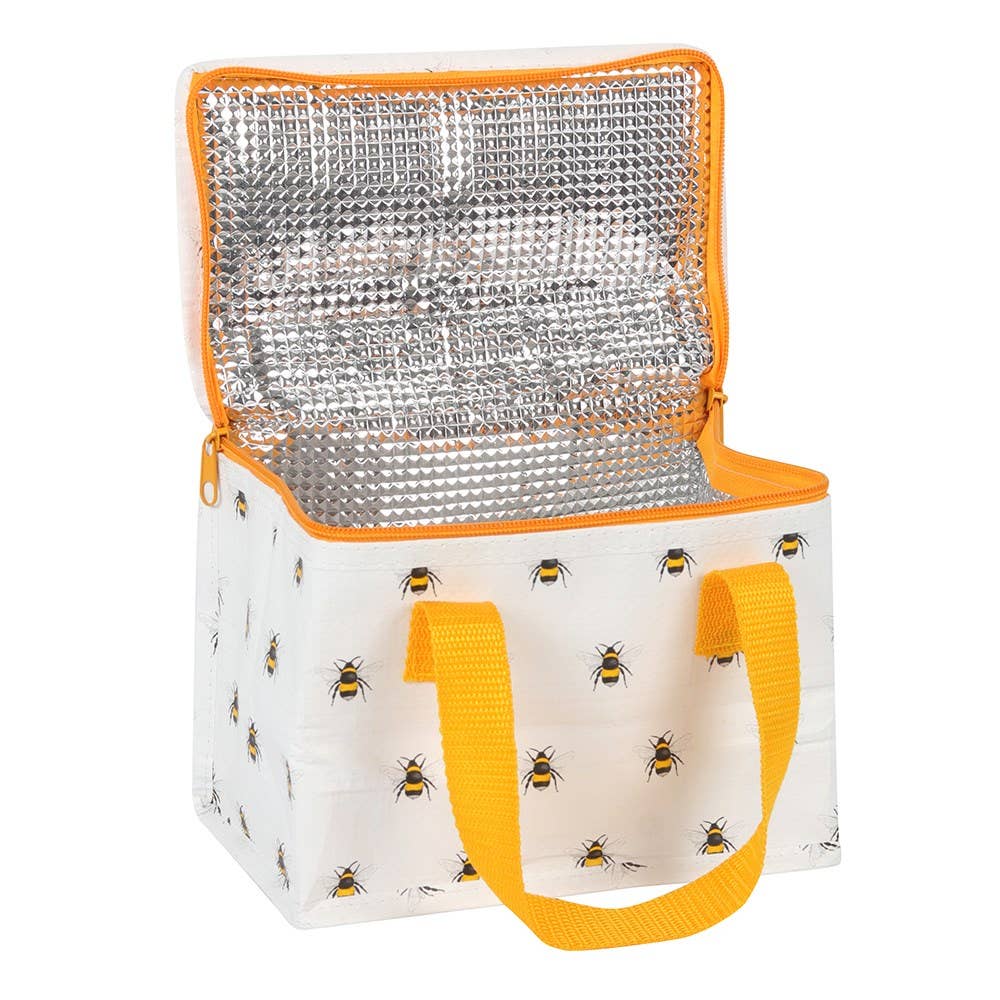 Bee print lunch bag with yellow handles, zipper closure, and insulated inner lining.