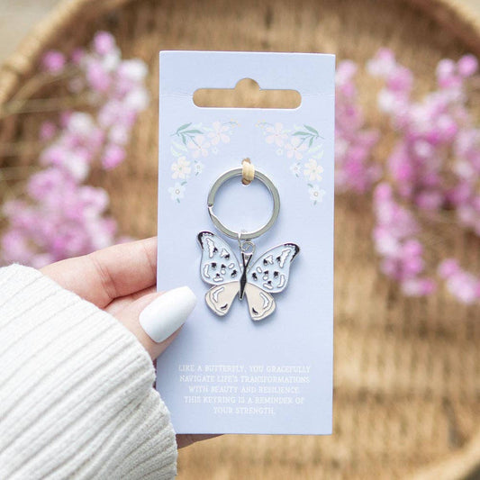 Butterfly keychain on a backing card with sentiment.