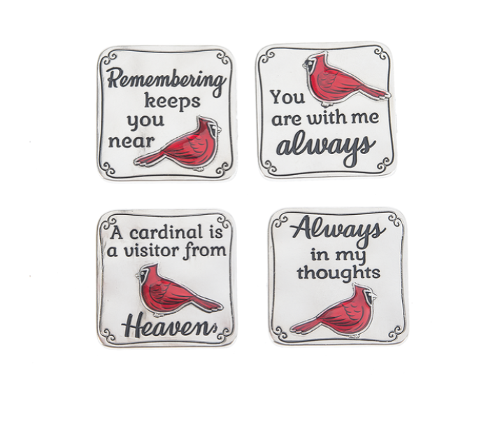 Metal cardinal pocket charms with saying for loss of loved one