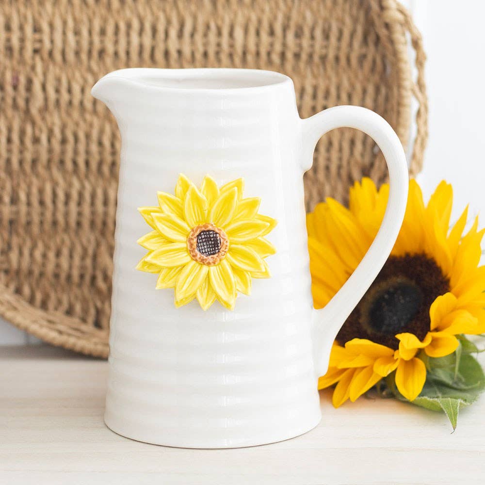A ceramic flower vase shaped like a water jug, featuring a 3D sunflower.