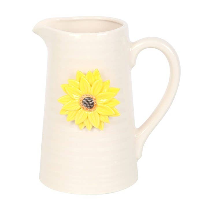 A ceramic flower vase shaped like a water jug with a 3D sunflower design.