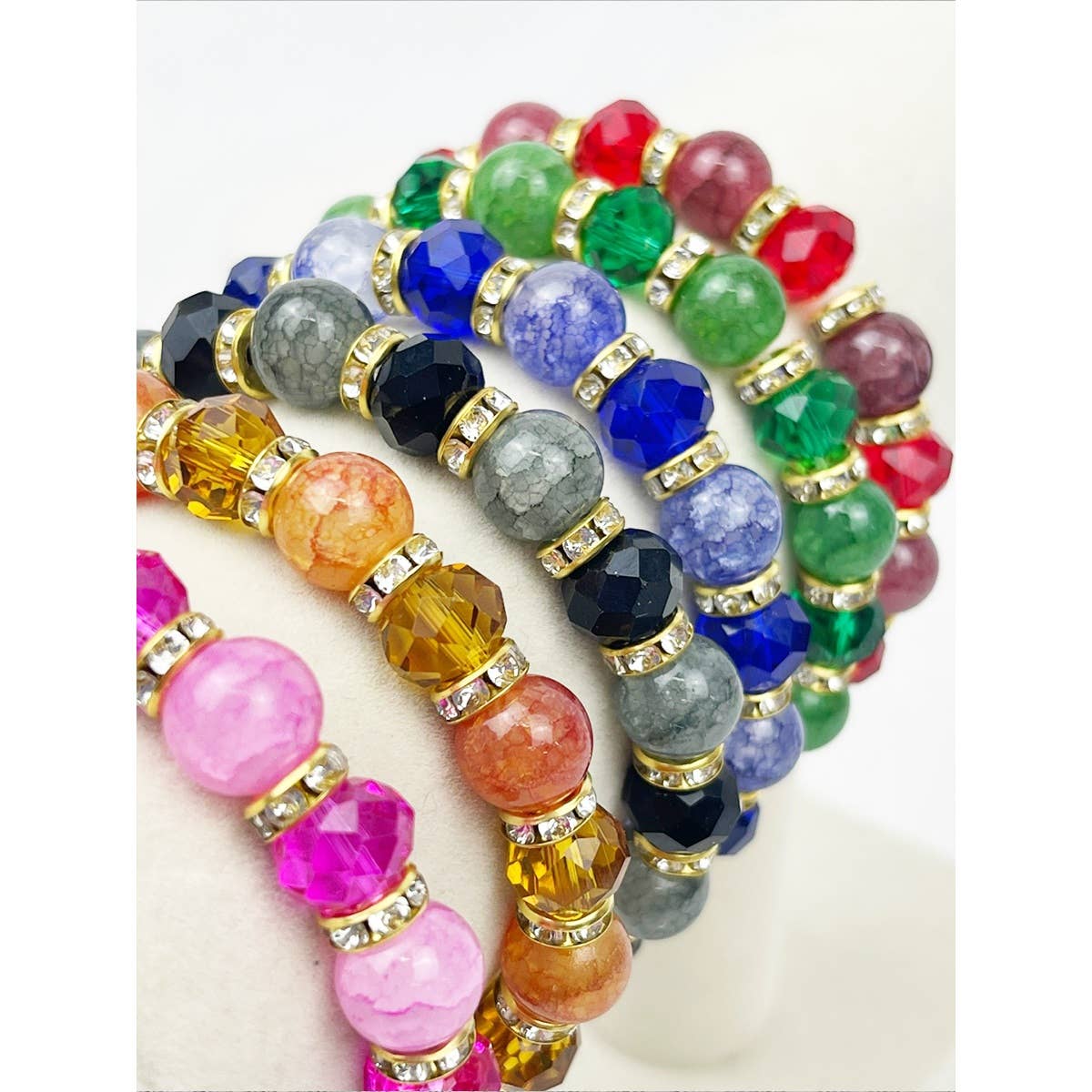 Colorful beaded stretch bracelet closeup