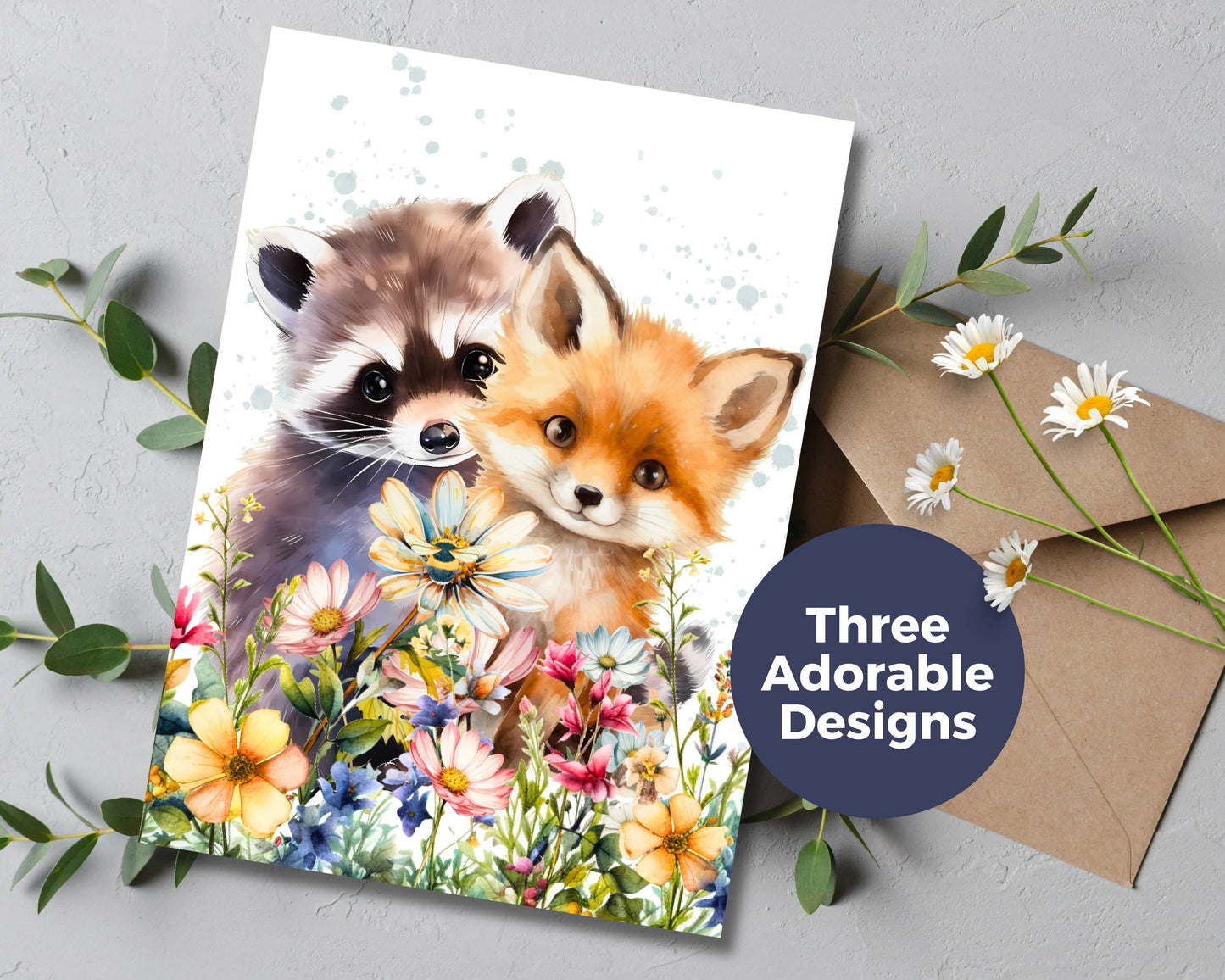 Watercolor Greeting Cards - Fox and Raccoon