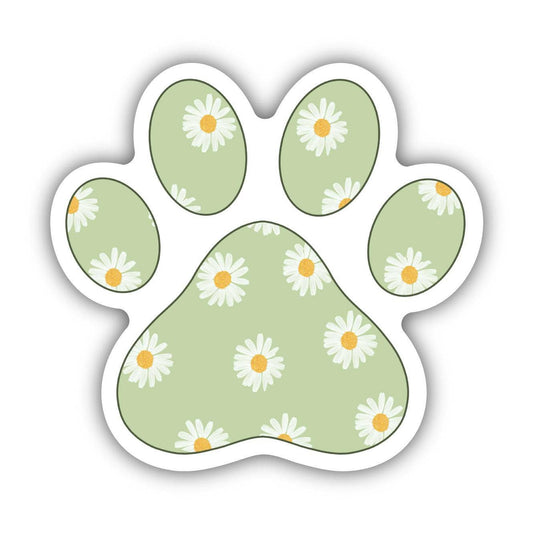 Paw print shaped sticker with a green background and daisies inside.