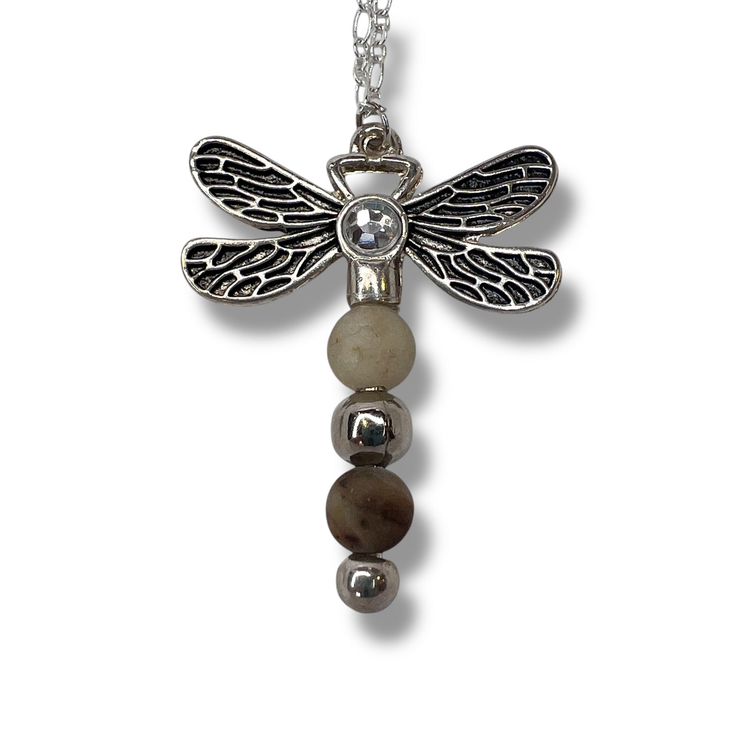 Handmade dragonfly necklace with an amazonite stone beaded tail.