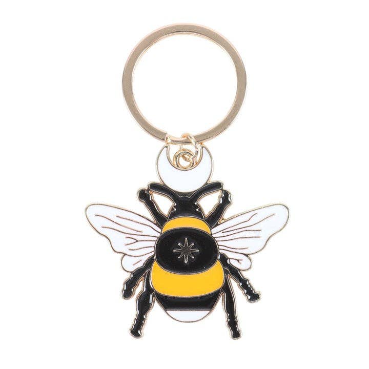 Closeup of enamel bee keychain.