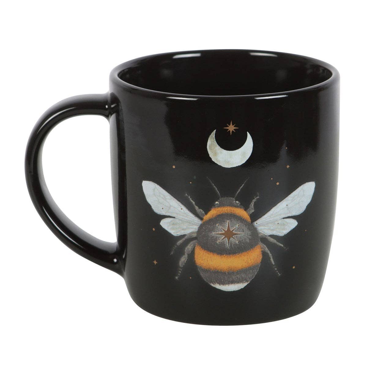 Black mug with a forest bee design.