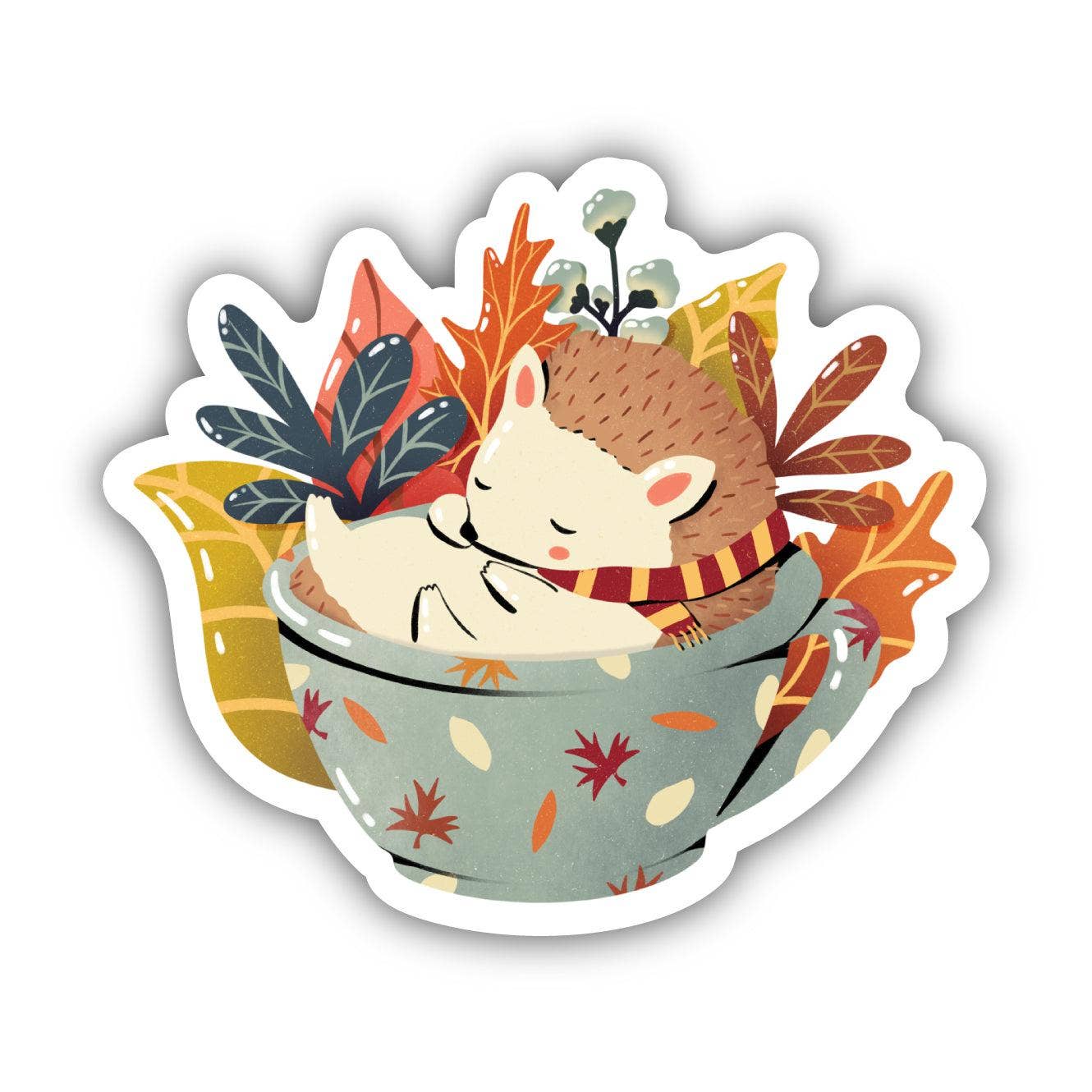 Autumn sticker with a hedgehog in a teacup.