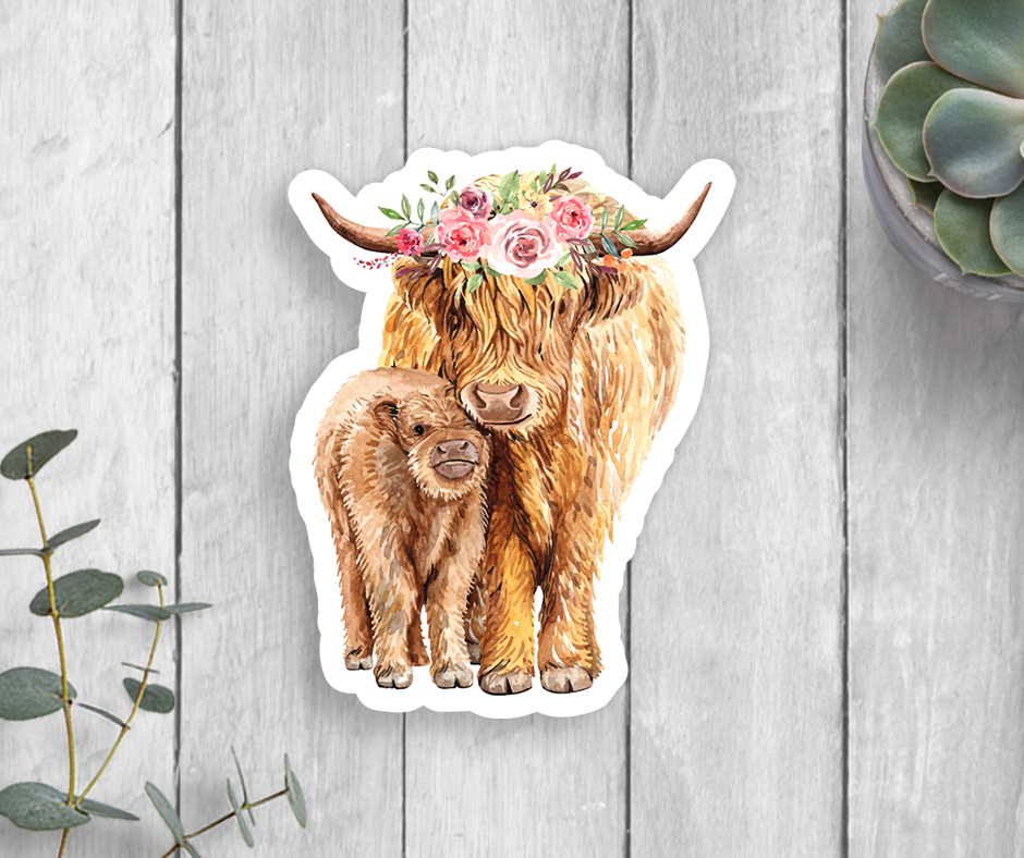 A sticker of a highland cow mama in a flower crown with her baby calf.