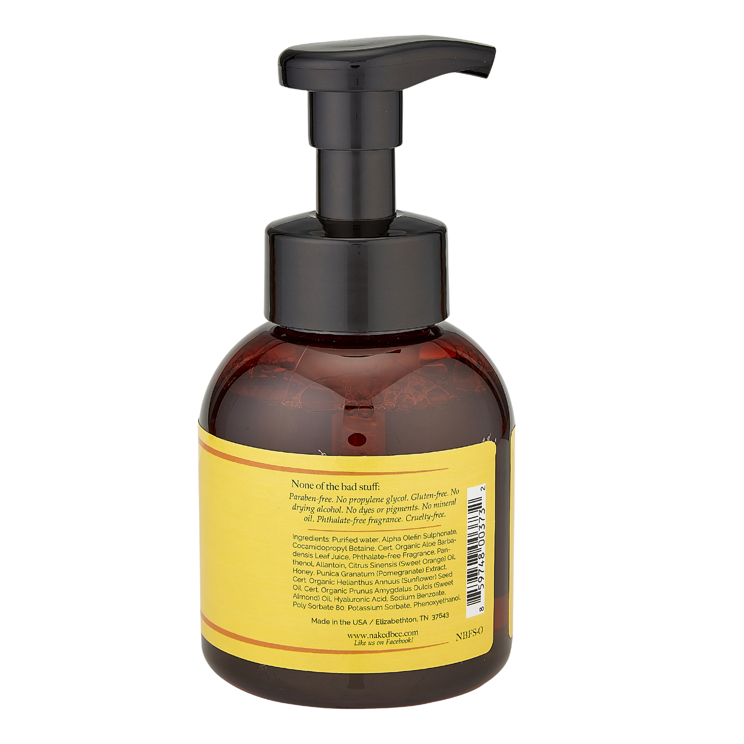 Backside of pump bottle for liquid hand soap by The Naked Bee.