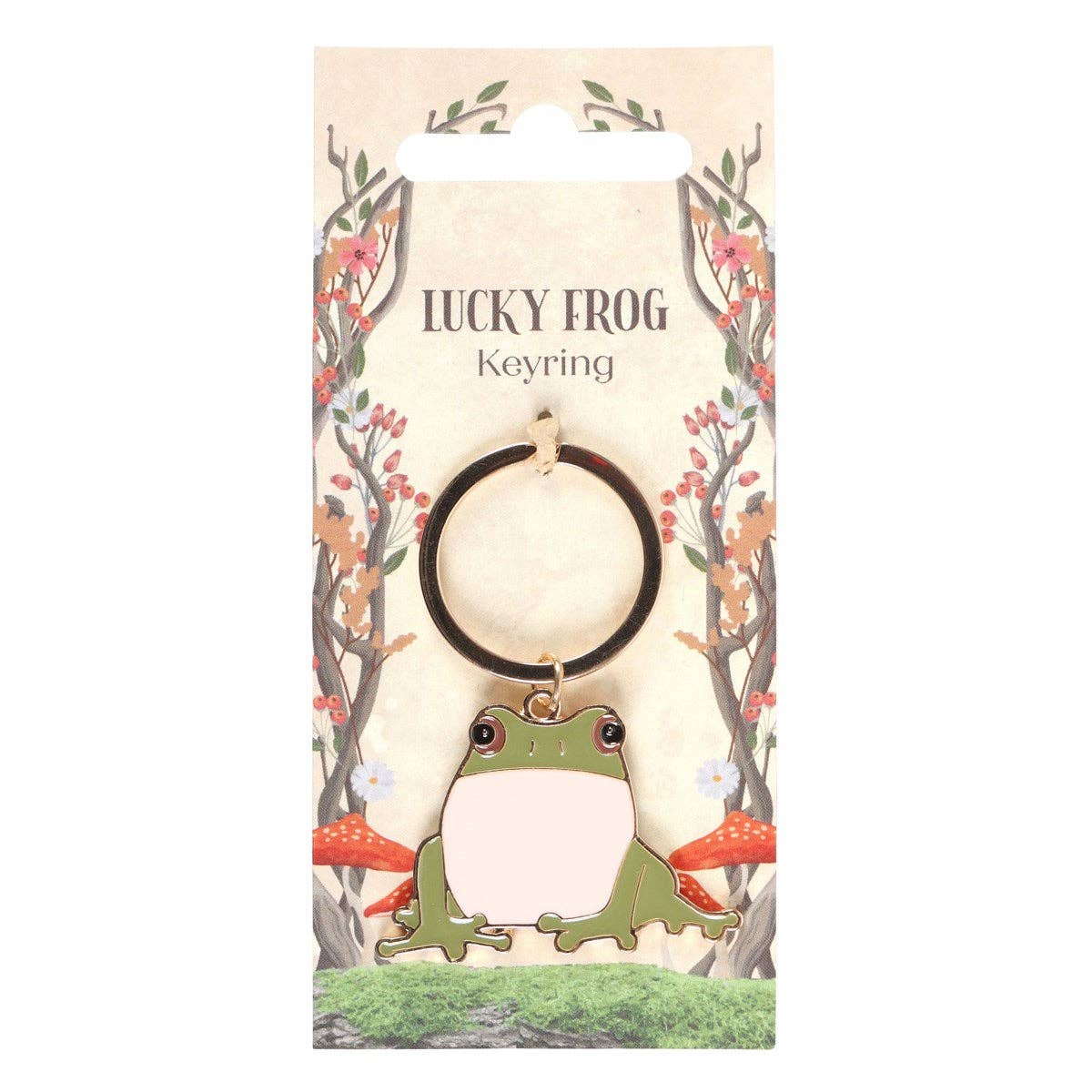 Adorable lucky frog enamel keychain on a woodland backing card.