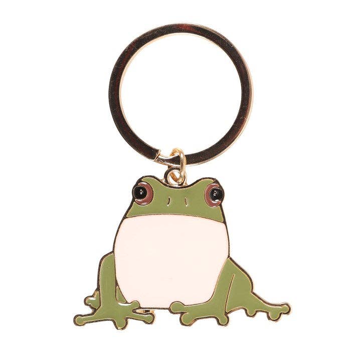Closeup of enamel frog keychain.