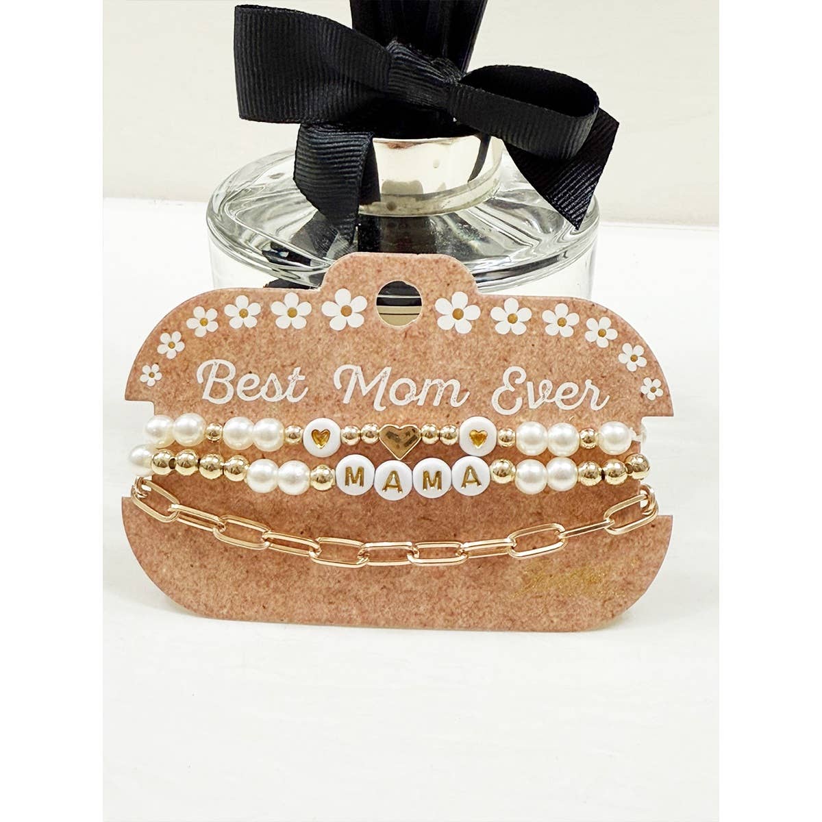 Three piece bracelet set with gold and faux pearls and the word MAMA, on a backing card that says Best Mom Ever.