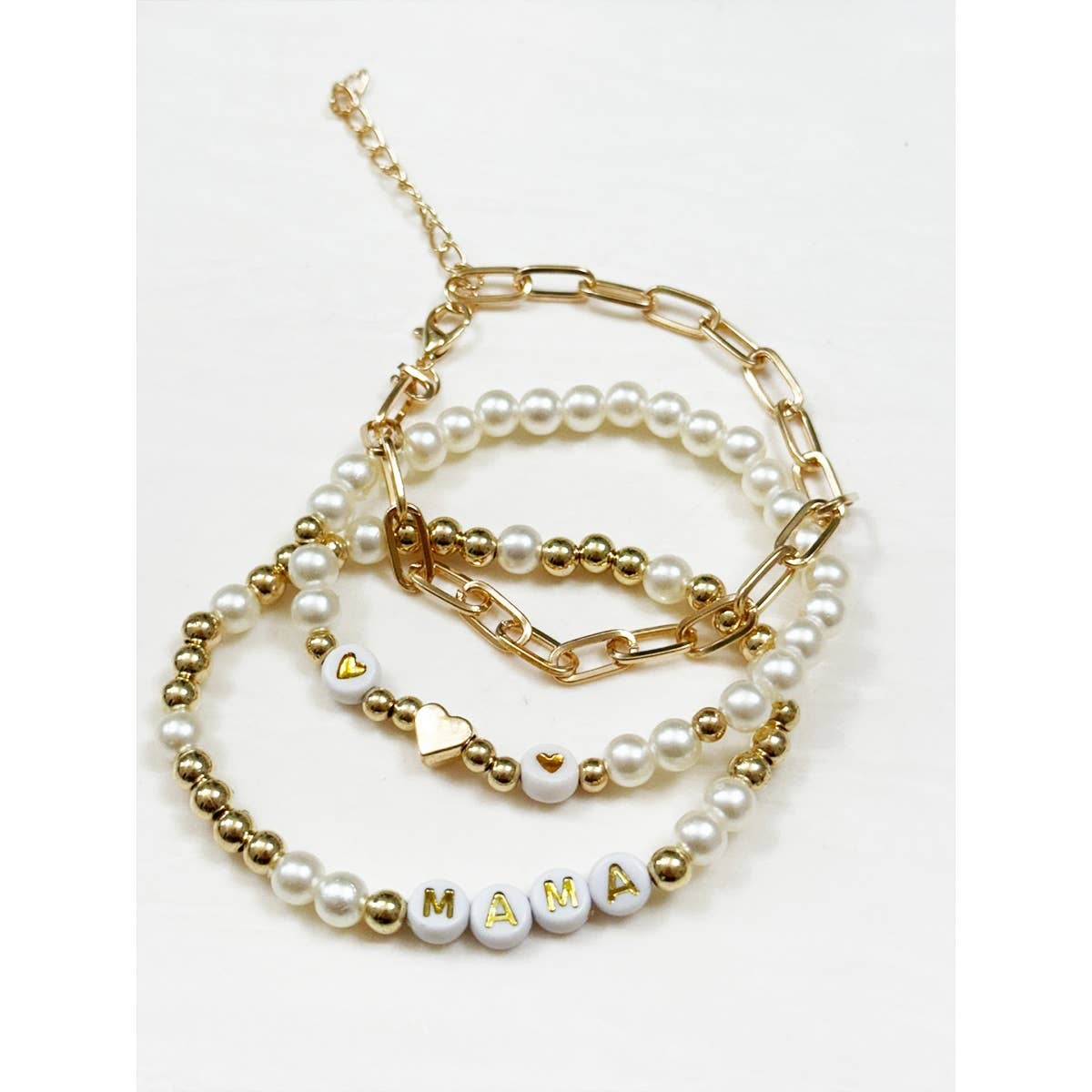 Mama faux pearl and gold chain bracelet set.