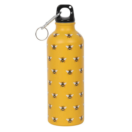 Yellow metal water bottle with a bee print, screw-on lid, and carabiner.