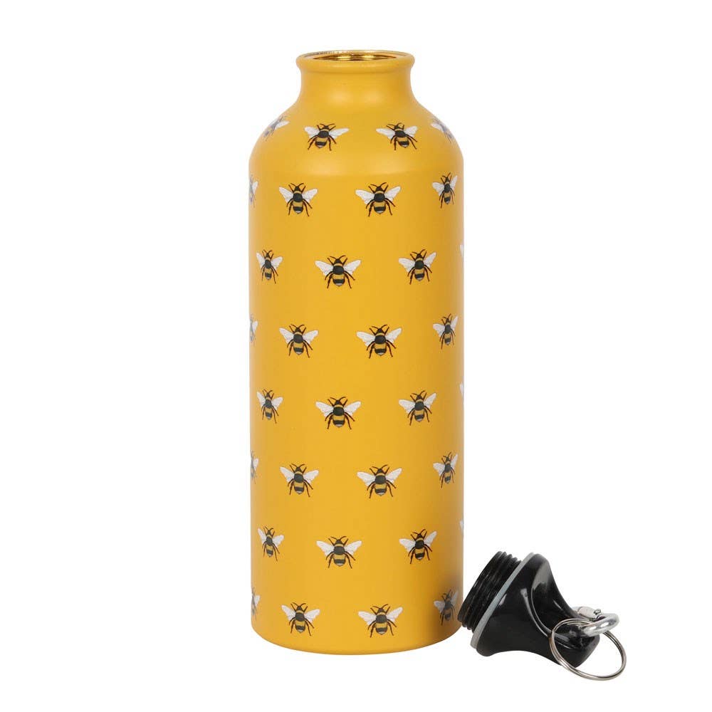 Yellow metal water bottle with a bee print, screw-on lid, and carabiner. Lid is off.