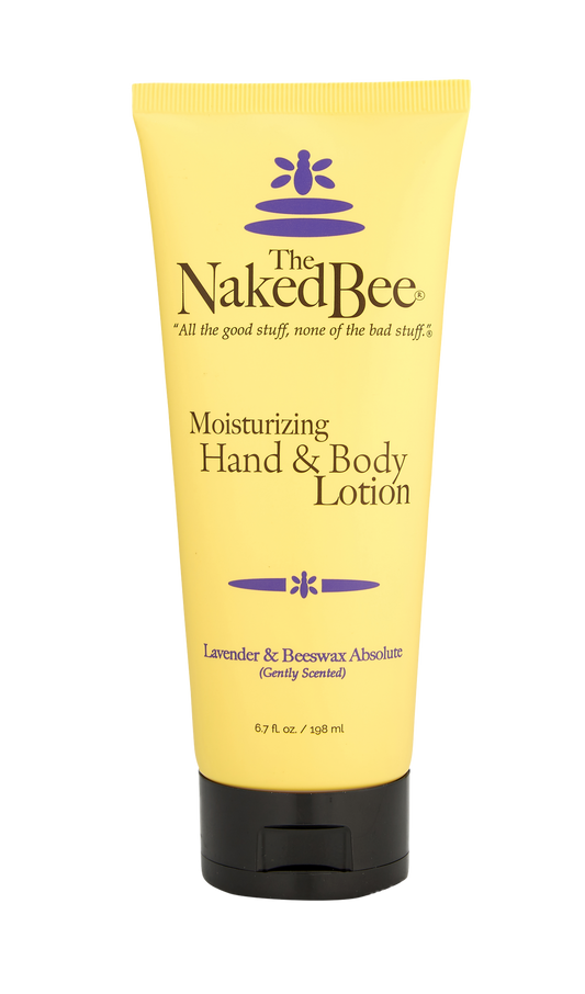 Moisturizing hand and body lotion in lavender and beeswax absolute scent by The Naked Bee.