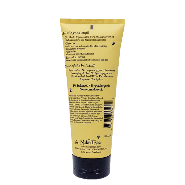 Back of bottle of The Naked Bee's Lavender and Beeswax Absolute hand and body lotion.