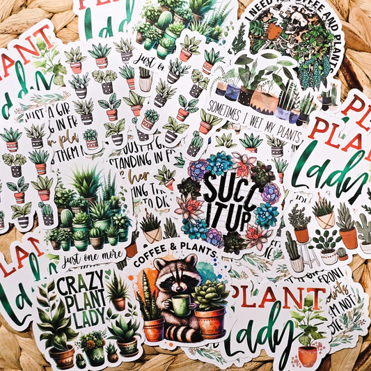 An assortment of plant and gardening related stickers.