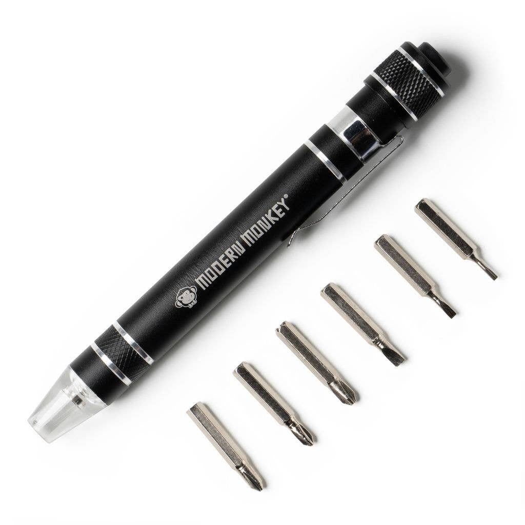 Pocket screwdriver flashlight with 6 bits in black.