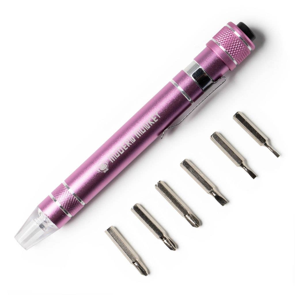 Pocket screwdriver flashlight with 6 bits in pink.