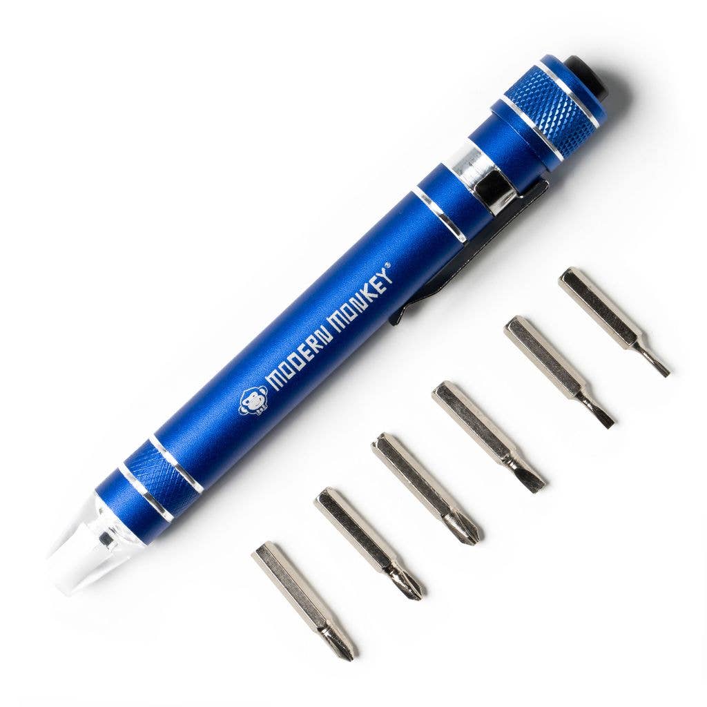 Pocket screwdriver flashlight with 6 bits in blue.
