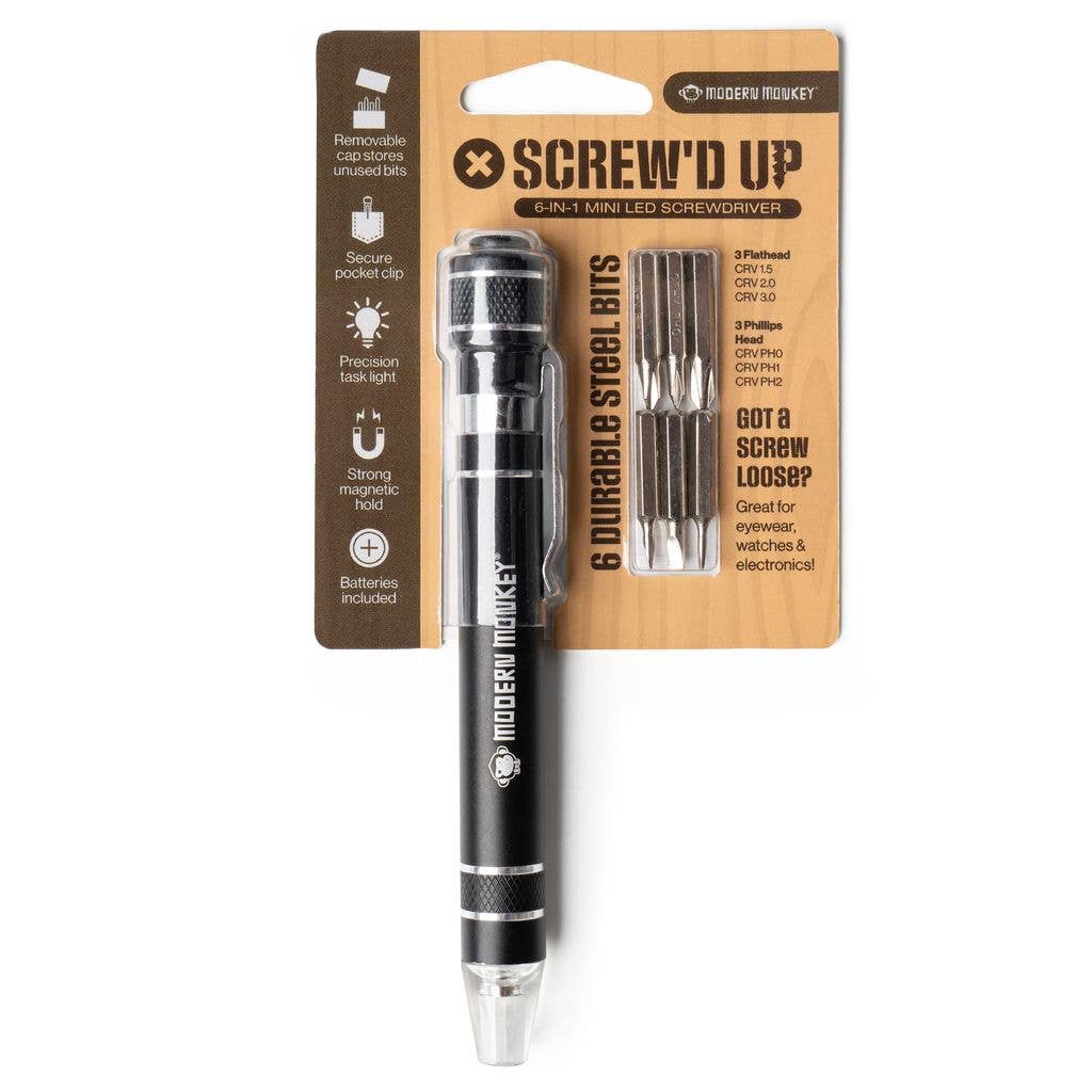 Pocket screwdriver flashlight on backing card with features.