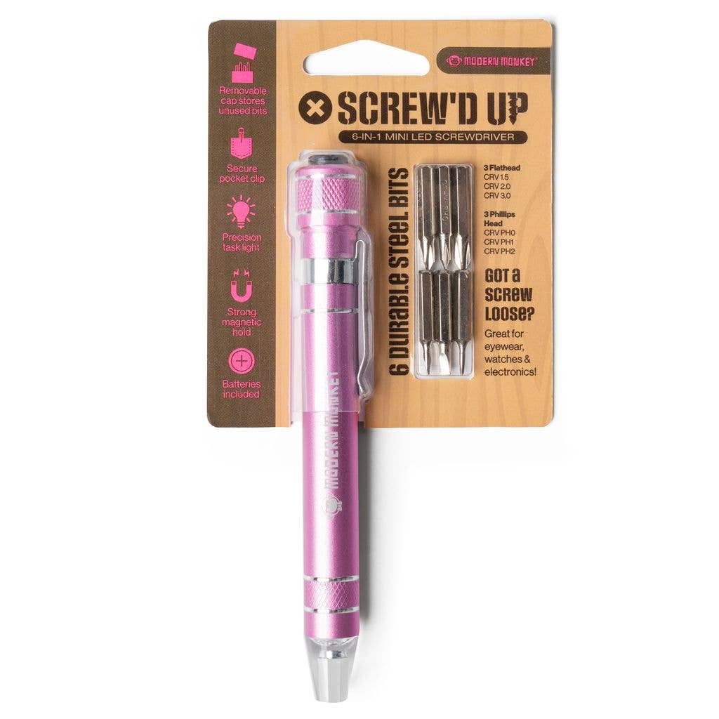 Pocket screwdriver flashlight on backing card with features.