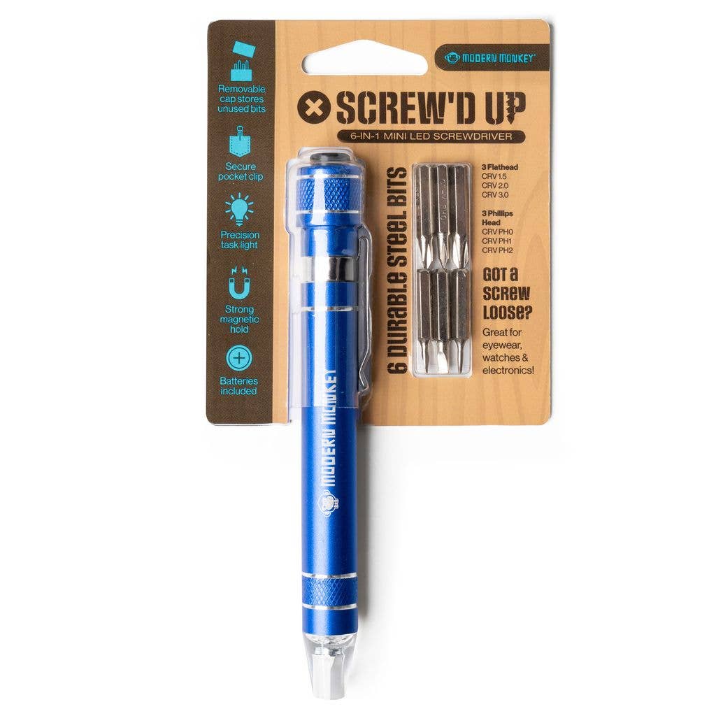 Pocket screwdriver flashlight on backing card with features.