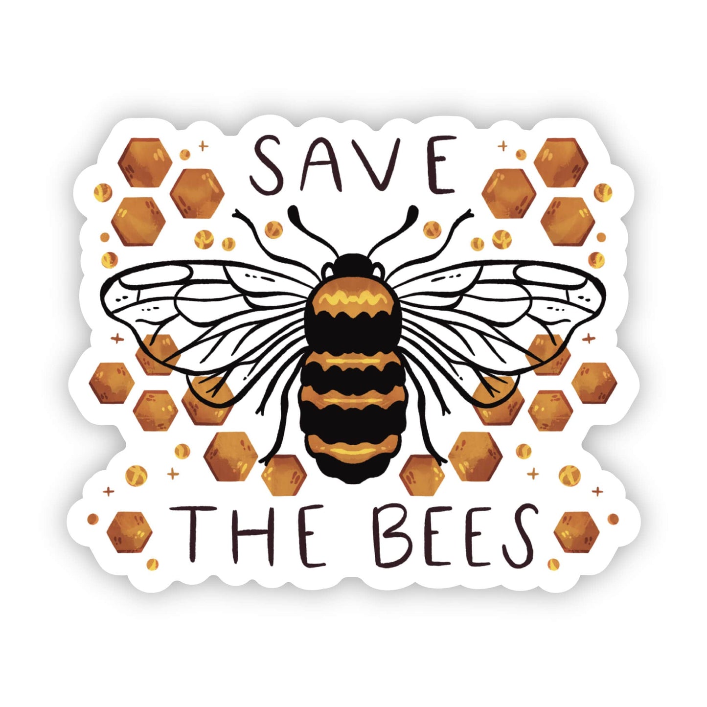 Bee sticker with a honeycomb design and the message "save the bees"