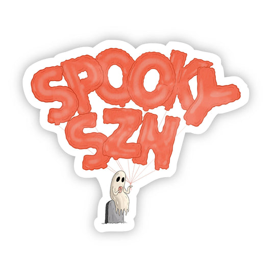 Sticker of a ghost holding balloons that say spooky season spelled "szn"