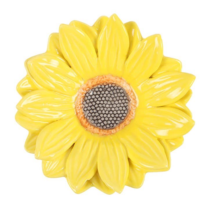 Top view of 3D sunflower shaped ceramic trinket or ring dish.