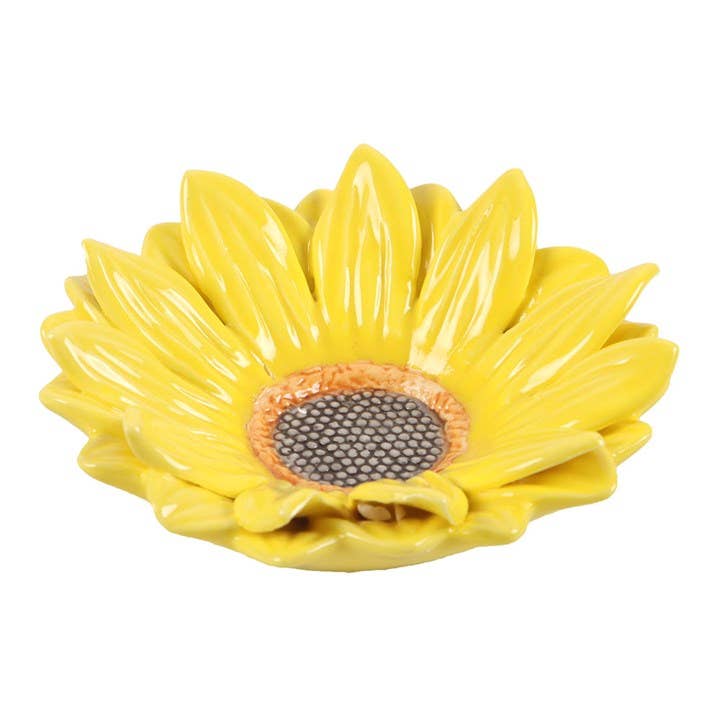 Side view of 3D sunflower shaped ceramic trinket or ring dish.
