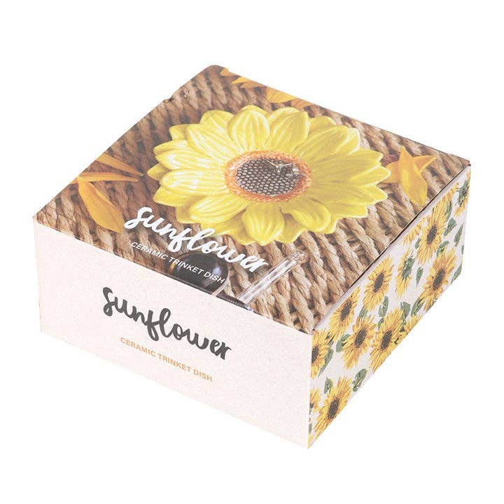 Box for 3D sunflower shaped ceramic trinket dish.