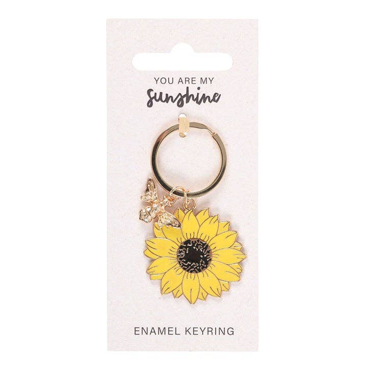 Sunflower keychain on a card with the sentiment "you are my sunshine."