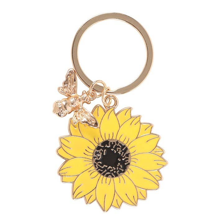 Sunflower enamel keychain with a bee charm.