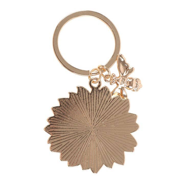 Sunflower enamel keychain with a bee charm, back side.
