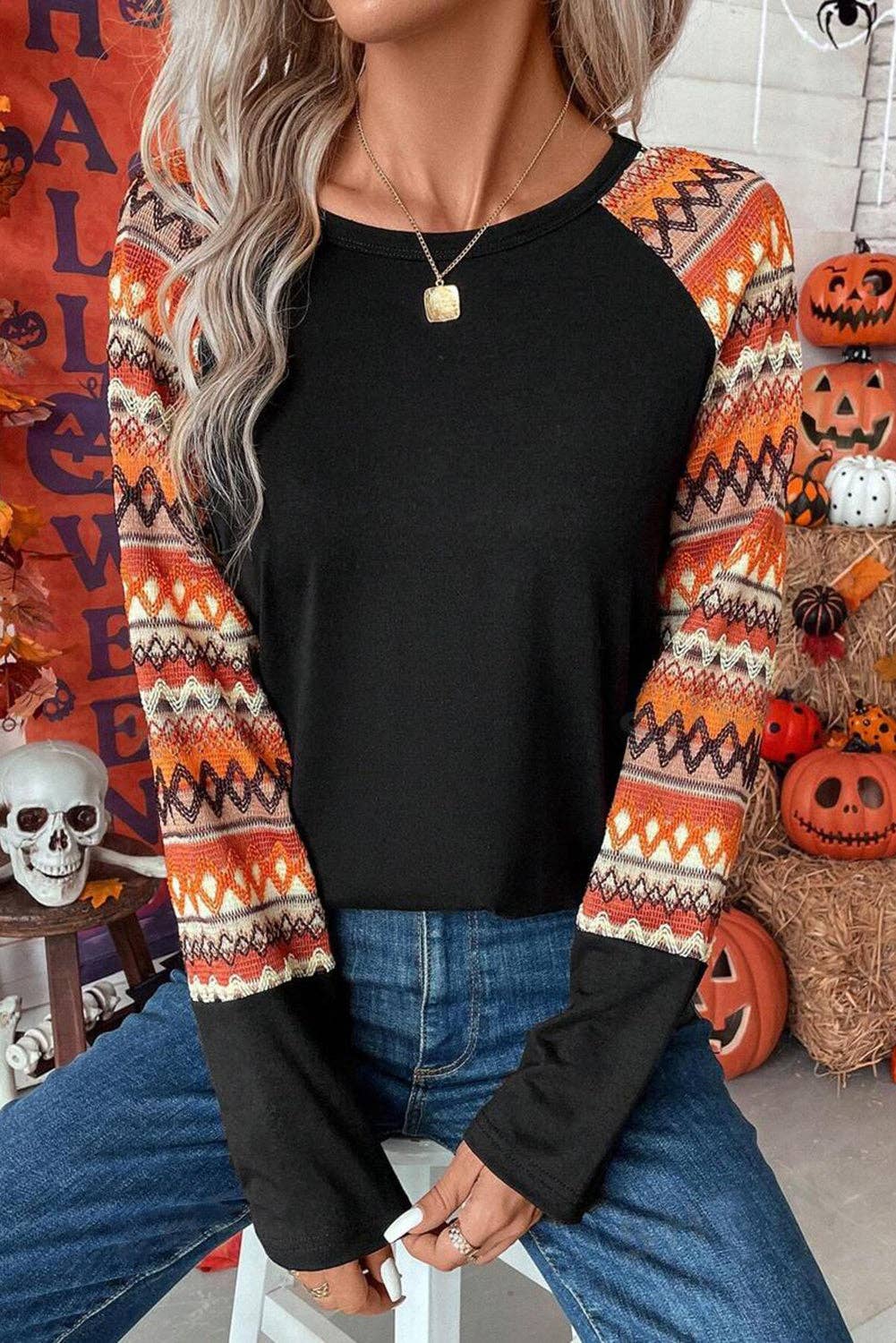 Geo Print Raglan Long Sleeve Tee